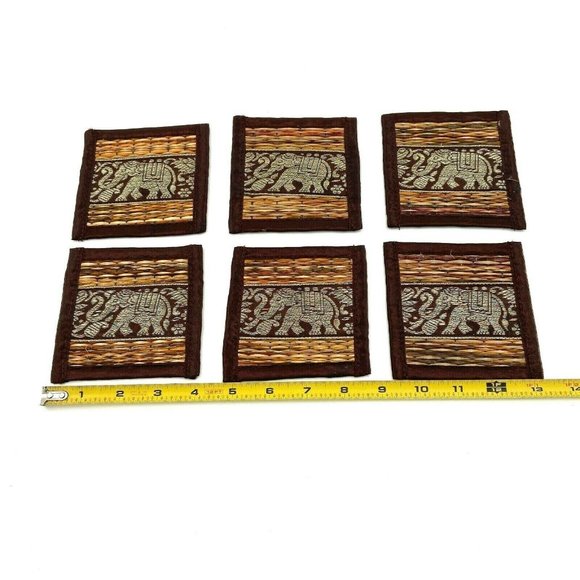 Set Of 6 Straw Embroidered Elephant Coasters With Satin Trim Bohemian Boho Decor - Picture 1 of 4